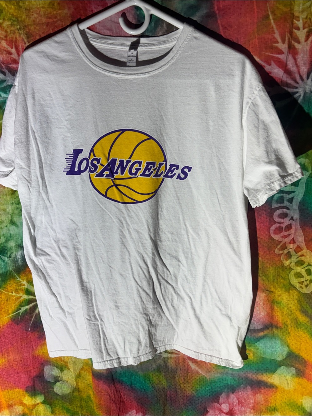 Gildan White Long Sleeve Tee with Yellow and Purple Los Angeles Graphic